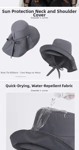 Detail of waterproof grey wide brim sun hat with neck protection and bow decoration