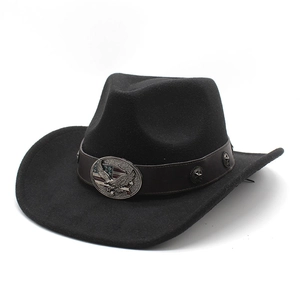 Classic black felt cowboy hat featuring a leather band with an American eagle metal buckle