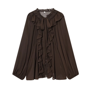 Women Long Sleeve Chiffon Blouse Ruffle Tie Neck Coffee Elegant Lantern Sleeve Semi Transparent Shirt Top