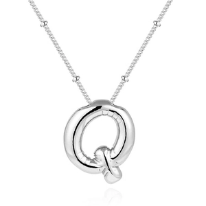 Macro view of silver balloon initial Q pendant with stainless steel bead chain necklace