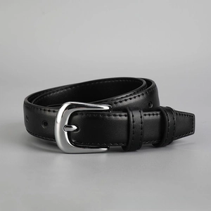Women's black leather belt with silver buckle, minimalist casual waist belt for daily wear.