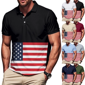 Men's short sleeve polo shirt featuring American flag print and casual button neck