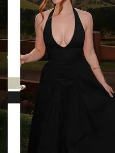 Elegant Halter Neck Maxi Dress Deep V Neck Pleated A-Line Party Evening Gown Polyester Sleeveless Backless For Women