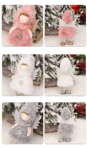 Detail view of plush Christmas angel dolls in pink, white, and gray with sparkling wings