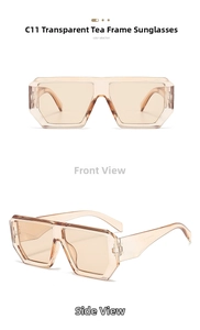Macro view of C11 oversized square sunglasses in transparent tea color with wide temples