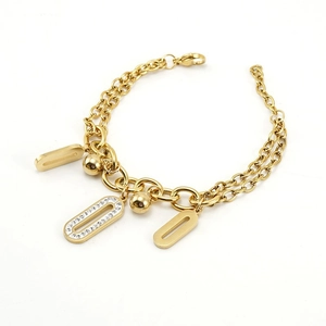 Double-layered 18K gold-plated oval bracelet with white zircon and sphere pendants
