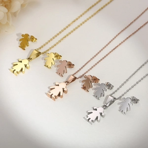 Three-piece titanium steel cartoon girl pendant necklace and stud earrings jewelry set