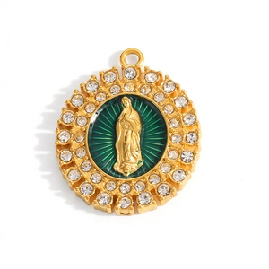 Gold stainless steel Virgin Mary pendant with green enamel and double rows of crystals