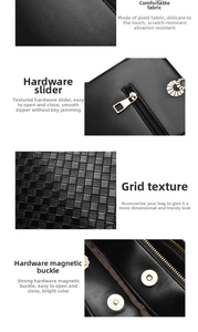 Dettaglio borsa nera in pelle con trama intrecciata e inserti metallici oro chiaro