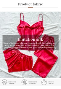 Étiquettes détaillées et instructions de lavage pour le pyjama en soie rouge