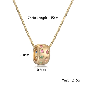 18K gold plated necklace featuring a geometric cylinder pendant with colorful zircon stones