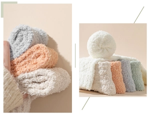 Close-up of soft coral fleece socks in assorted pastel colors showing plush texture