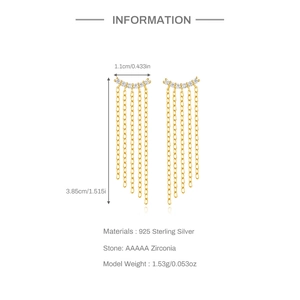Detailed spec sheet showing S925 sterling silver tassel earrings with zircon dimensions