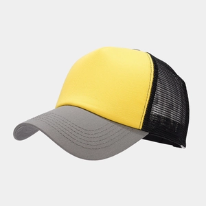 Close-up of tricolor breathable mesh trucker hat with yellow crown and grey visor
