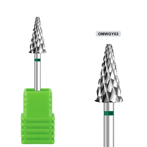 Macro detail of alloy nail drill bit with spiral textures and green identification ring