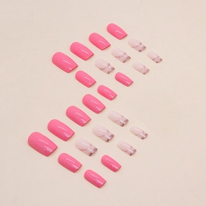 Unghie finte quadrate rosa Barbie con design marmorizzato glitterato e colore pieno