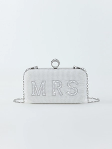 White pearl clutch bag featuring MRS bead lettering and a diamond ring shaped clasp