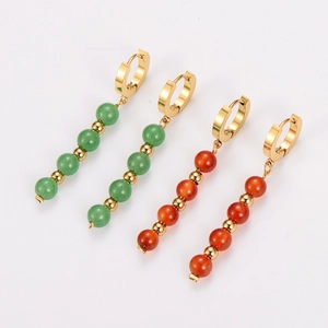 Vintage stainless steel drop earrings with green and orange-red gemstone beads