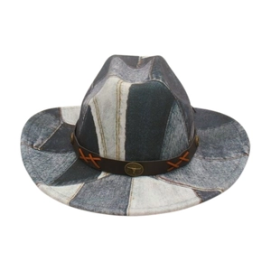 Retro patchwork denim cowboy hat with leather band and metal bull head emblem
