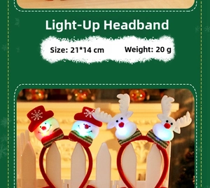 Detail showing lighted snowman and reindeer antlers on a glowing Christmas headband