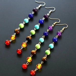 Macro detail of natural stone chakra earrings with colorful beads and fishhook ear wires