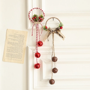 Christmas Hanging Bell Ornaments Metal Bells With Artificial Pine Needles Berries Bow Rustic Holiday Door Wall Tree Decor