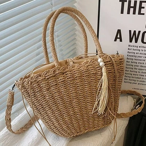 Handmade Straw Woven Tote Bag With Artificial Pearl Tassel Straw Shoulder Handbag Drawstring Liner Crossbody For Women Beach Vacation