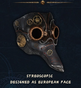 Dettaglio maschera da medico della peste steampunk con ingranaggi, rivetti e ecopelle