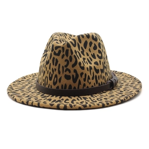 Klassischer Fedora Hut aus Wolle mit Leopardenmuster und dunkelbraunem Lederband