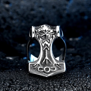 Retro stainless steel Thor's hammer Mjolnir ring with vintage silver finish for men