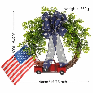 Detail view of patriotic 4th of July wreath with stars, stripes and dimensions label