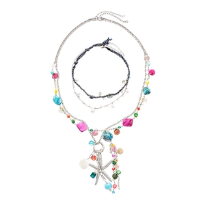Vintage ocean-themed necklace set with faux pearls, starfish and colorful sea shells