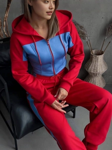 Tuta sportiva donna 2025 con felpa con cappuccio rossa e blu e pantaloni abbinati set