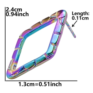 Macro detail of rainbow stainless steel geometric earring with dimensions 2.4cm by 1.3cm