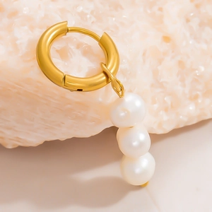 Elegant 18k gold plated stainless steel hoop earrings with three natural freshwater pearls