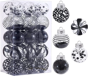 Detail of 6cm black and clear PET painted Christmas balls with glitter and swirl patterns