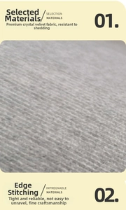 Close-up of grey crystal velvet carpet showing detailed edge stitching and anti-shedding texture