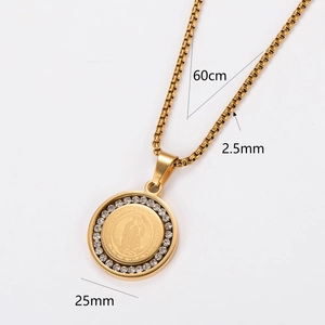Gold plated stainless steel Virgin Mary pendant necklace with rhinestones and square box chain
