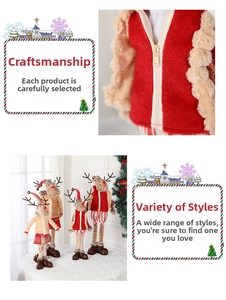 Close-up of zipper craftsmanship and knitted fabrics on Christmas reindeer plush dolls