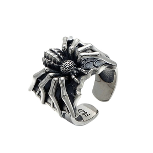 Adjustable S925 sterling silver spider ring in punk style for men on white background