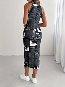 Vestito Midi Halter Stampa Di Giornale Senza Maniche Bodycon Vita Alta Vestibilità Slim Poliestere Streetwear Vintage Donna