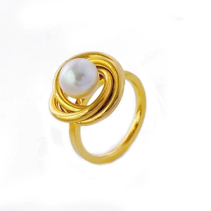 Elegant gold titanium steel multi-layer ring with a central white pearl for women