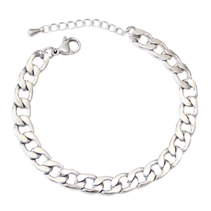 Detailed view of silver stainless steel Cuban link chain with lobster clasp on white background