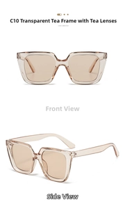 Detail view of square tea-colored sunglasses with transparent frame and C10 model lenses
