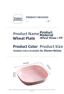 Detailed size chart of pink square wheat straw snack plate with gold trim dimensions