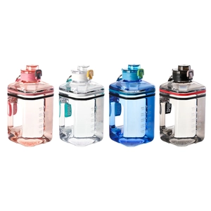 2.2L square sports water bottles in pink, clear, blue, and black with time markings