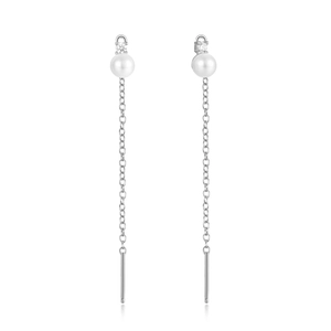 Detail of silver long tassel earrings featuring a single white pearl and sparkling crystal