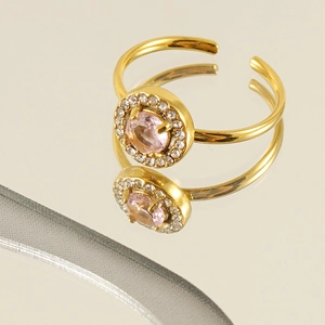 18K gold-plated adjustable ring featuring a pink oval gemstone with a crystal halo