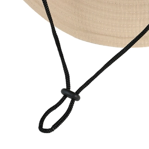 Detail of outdoor sun hat featuring reinforced brim stitching and adjustable windproof cord