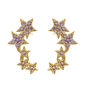 Close-up of gold star ear crawlers featuring lavender cubic zirconia star clusters